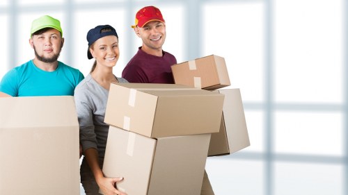 Professional movers carrying furniture down stairs in a flat move